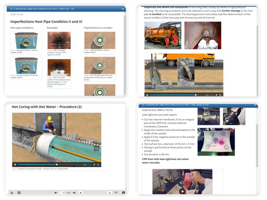 Preview of the Online Training Course BE-13 Renovation: Lining with Cured-In-Place Pipes (CIPP) showing host pipe conditions, cleaning process, hot water curing, and leak testing
